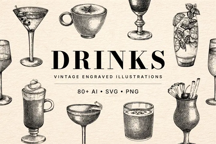 Vintage Drinks & Cocktail Illustrations | Vector Menu Graphics